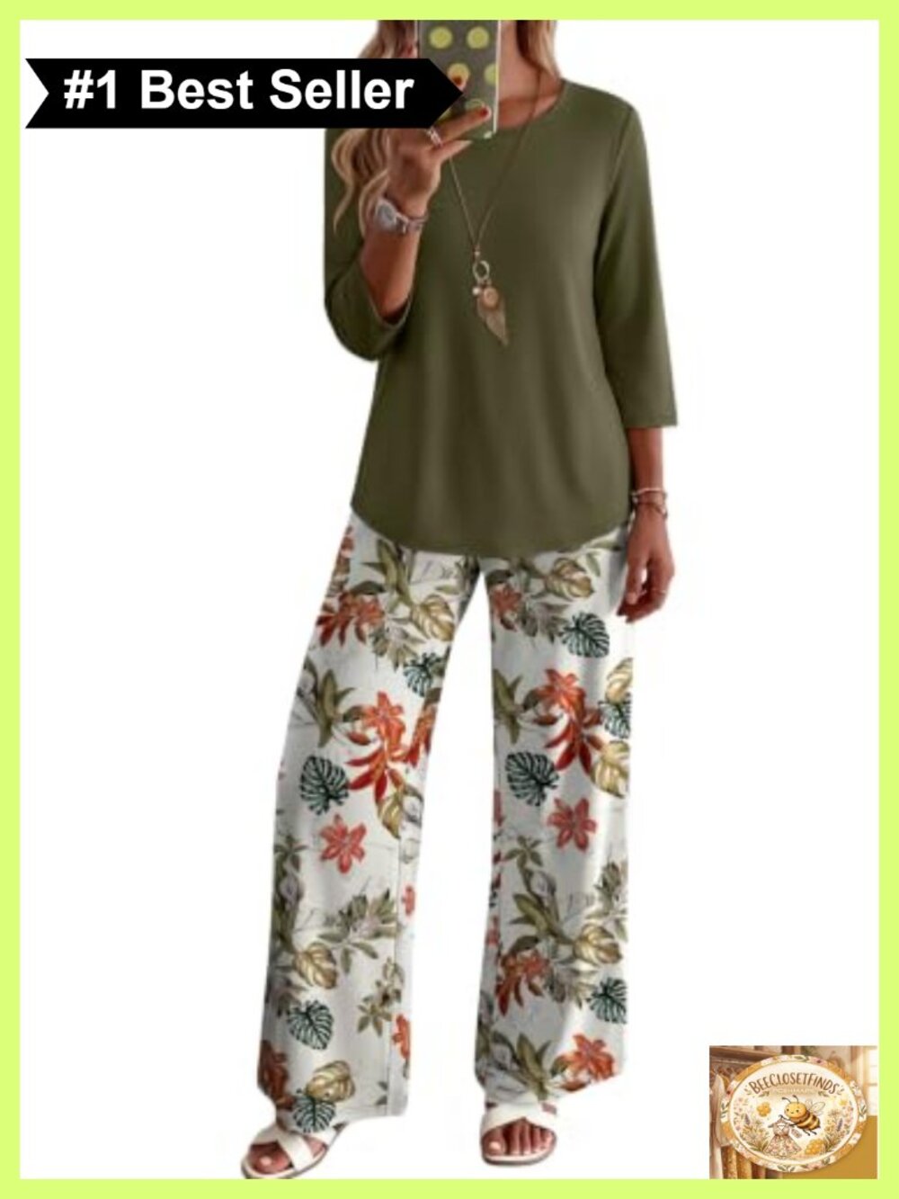 Two Piece Lounge Set 3/4 Sleeve Top & Printed Pants with Pockets
